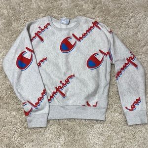 Gray Champion Logo crew neck cotton sweater, size medium